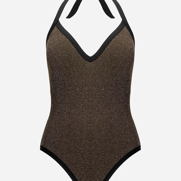 Cupshe X JoJo Atlantis Espresso Ribbed Lurex Halter One-Piece Swimsuit Medium - Picture 15 of 16